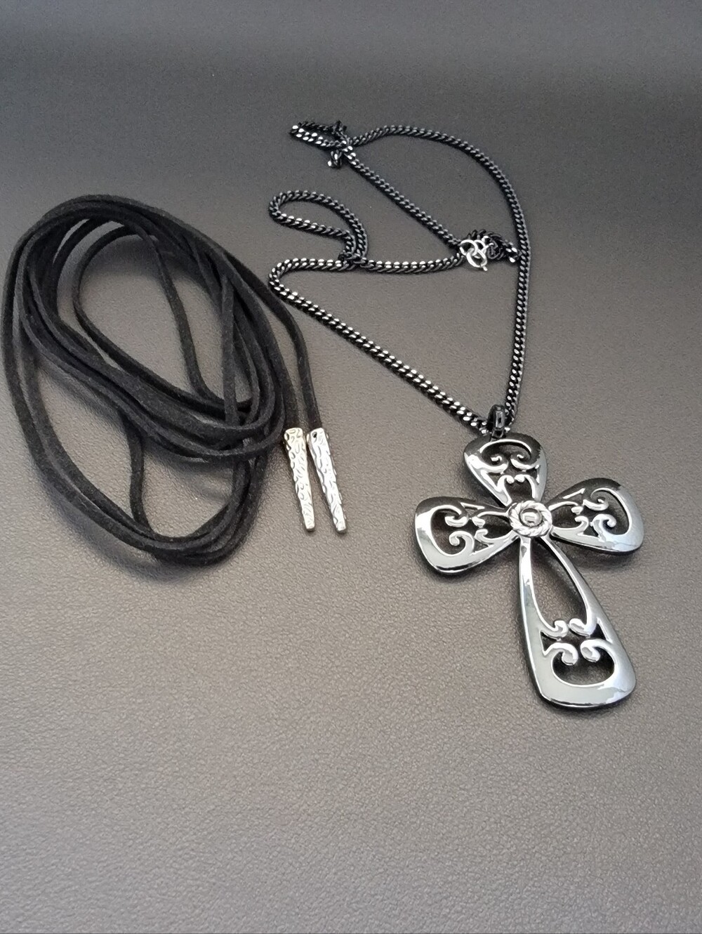Gothic Boho Layering Set/ Ornate Black Filigree Cross & Black Leather
